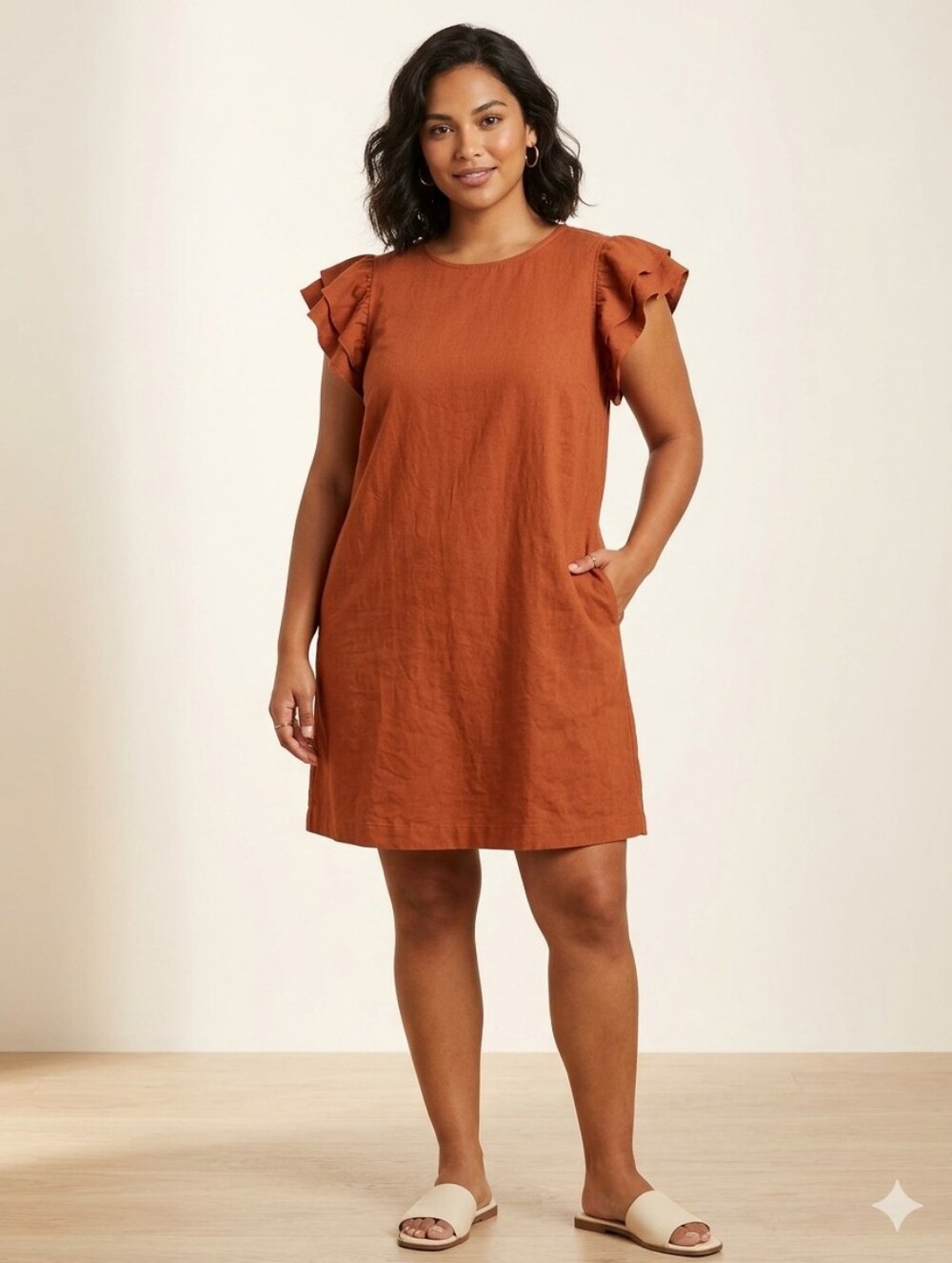 a new day Rust Ruffle Sleeve Midi Dress